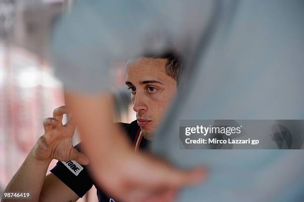 Andrea Dovizioso of Italy and Repsol Honda Team speaks during an interview in Honda Hopsitality at Circuito de Jerez on April 29, 2010 in Jerez de la...