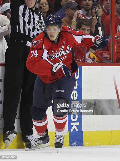 John Carlson of the Washington Capitals skates against the Montreal Canadiens in Game Seven of the Eastern Conference Quarterfinals during the 2010...