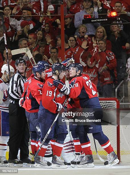 Nicklas Backstrom and Alexander Semin of the Washington Capitals celebrate a goal against the Montreal Canadiens in Game Seven of the Eastern...