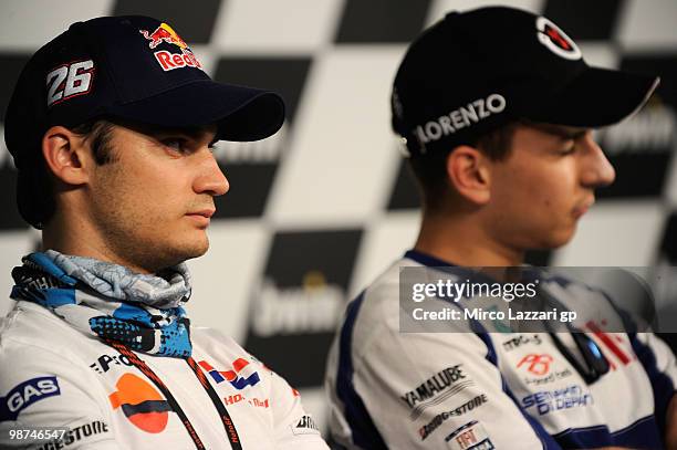 Dani Pedrosa of Spain and Repsol Honda Team looks on during the press conference pre-event at Circuito de Jerez on April 29, 2010 in Jerez de la...