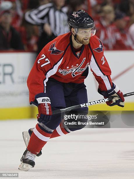 Karl Alzner of the Washington Capitals skates against the Montreal Canadiens in Game Seven of the Eastern Conference Quarterfinals during the 2010...