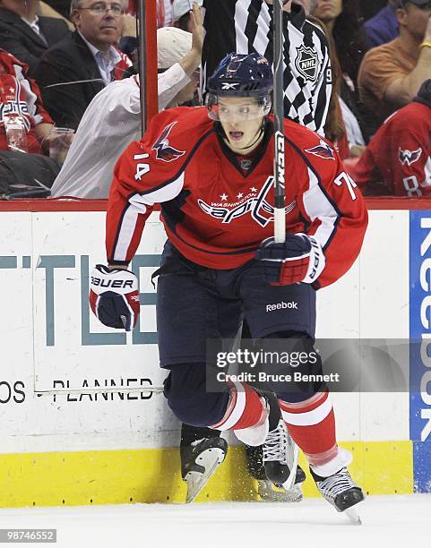 John Carlson of the Washington Capitals skates against the Montreal Canadiens in Game Seven of the Eastern Conference Quarterfinals during the 2010...