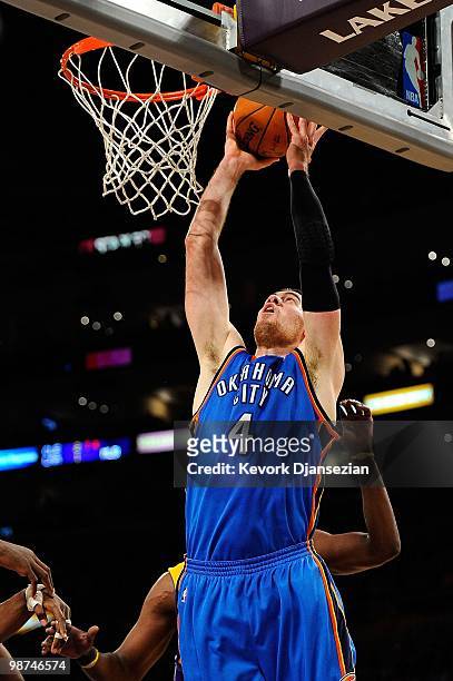 Nick Collison of the Oklahoma City Thunder dunks the ball against the Los Angeles Lakers during Game Five of the Western Conference Quarterfinals of...