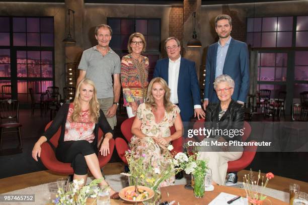 Juergen Feder, Bettina Boettinger, Armin Laschet, Ingo Zamperoni Barbara Ruscher, Caroline Beil and Greta Silver attend the Koelner Treff TV Show at...