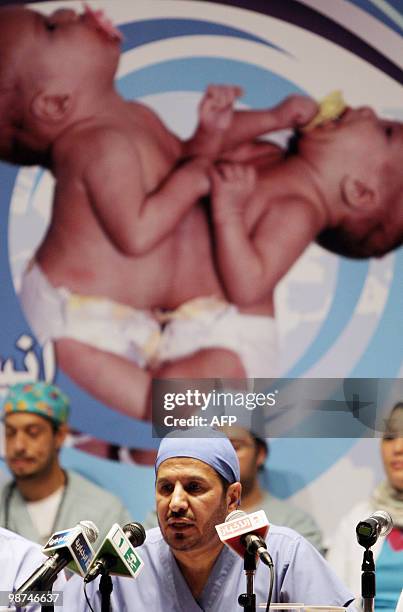 Saudi Health Minister Abdullah al-Rabia holds a press conference after separating two baby boys from Jordan conjoined at the stomach in a seven-hour...