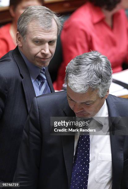 Belgian Prime Minister Yves Leterme and Finance Minister Didier Reynders attend the House of Representatives at the Belgian Federal Parliament on...