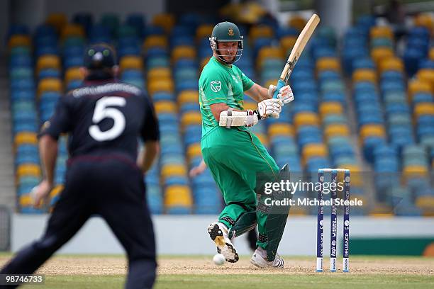 Graeme Smith of South Africa looks back towards the ball as Paul Collingwood prepares to field during the ICC T20 World Cup warm up match between...