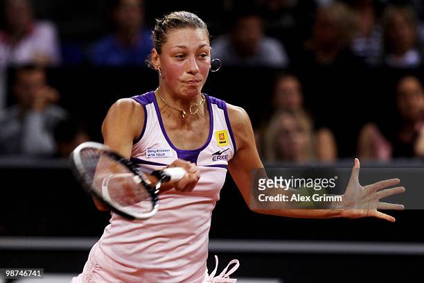 Yanina Wickmayer of Belgium plays a forehand during her second round match against Justine Henin of Belgium at day four of the WTA Porsche Tennis...