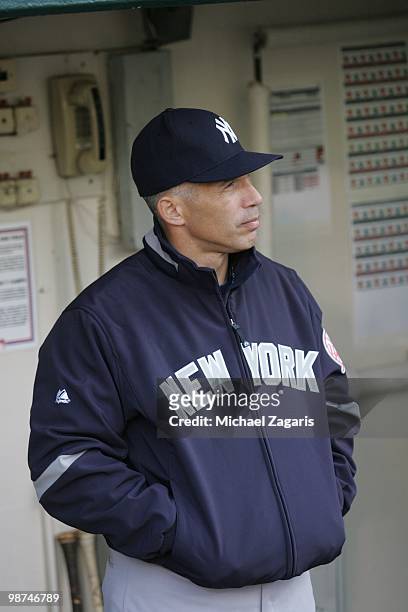 Manager Joe Girardi of the New York Yankees standing in the dugout prior to the game against the Oakland Athletics at the Oakland Coliseum on April...