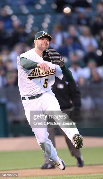Kevin Kouzmanoff of the Oakland Athletics fielding during the game against the New York Yankees at the Oakland Coliseum on April 20, 2010 in Oakland,...