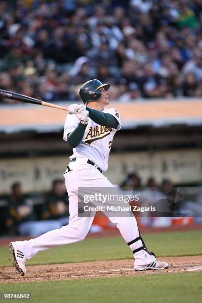 Ryan Sweeney of the Oakland Athletics hitting during the game against the New York Yankees at the Oakland Coliseum on April 20, 2010 in Oakland,...