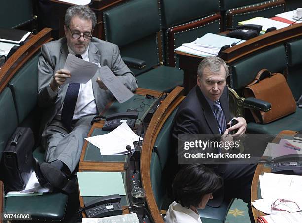 Belgian Prime Minister Yves Leterme and Right Wing Gerolf Annemans sit in the House of Representatives at the Belgian Federal Parliament on April 29,...