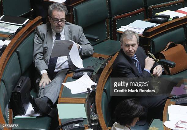 Belgian Prime Minister Yves Leterme and Right Wing Gerolf Annemans sit in the House of Representatives at the Belgian Federal Parliament on April 29,...