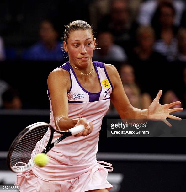 Yanina Wickmayer of Belgium plays a forehand during her second round match against Justine Henin of Belgium at day four of the WTA Porsche Tennis...