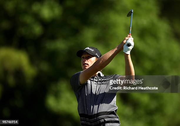 Nick Watney plays into the 1st green during the first round of the Quail Hollow Championship at Quail Hollow Country Club on April 29, 2010 in...