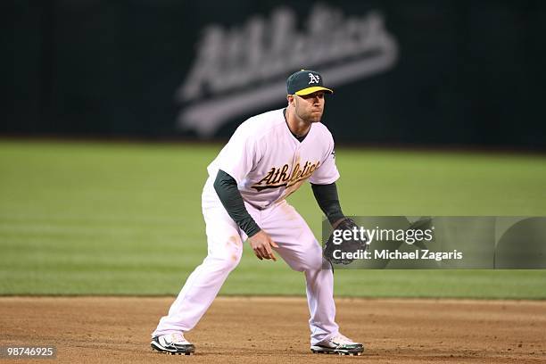 Kevin Kouzmanoff of the Oakland Athletics fielding during the game against the New York Yankees at the Oakland Coliseum on April 20, 2010 in Oakland,...