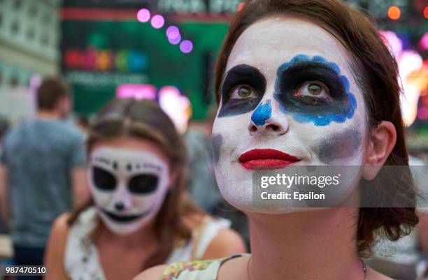 Participants of Day of the Dead celebration at the National House of Mexico for fans in Gostiny Dvor during FIFA World Cup Russia 2018 on June 29,...