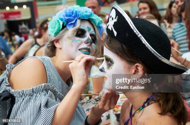 Participants of Day of the Dead celebration at the National House of Mexico for fans in Gostiny Dvor during FIFA World Cup Russia 2018 on June 29,...