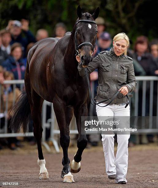 Zara Phillips trots up her horse 'Glenbuck' in the first horse inspection of the Badminton Horse Trials on April 29, 2010 in Badminton,...