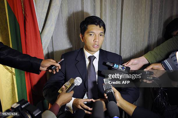 Madagascar's strongman leader Andry Rajoelina talks to the press, in his hotel, in Pretoria, on April 29, 2010. Rajoelina said there was "little...