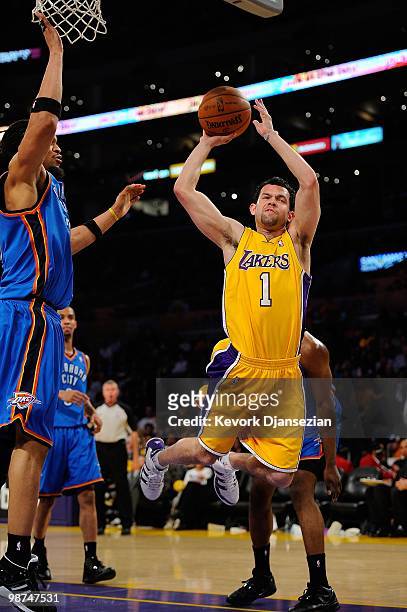 Jordan Farmar of the Los Angeles Lakers goes up for a shot against the Oklahoma City Thunder during Game Five of the Western Conference Quarterfinals...