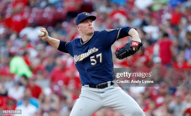 Chase Anderson of the Milwaukee Brewers throws a pitch against the Cincinnati Reds at Great American Ball Park on June 29, 2018 in Cincinnati, Ohio.