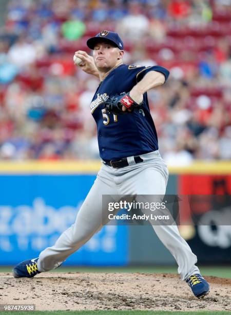 Chase Anderson of the Milwaukee Brewers throws a pitch against the Cincinnati Reds at Great American Ball Park on June 29, 2018 in Cincinnati, Ohio.