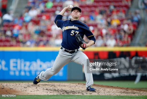 Chase Anderson of the Milwaukee Brewers throws a pitch against the Cincinnati Reds at Great American Ball Park on June 29, 2018 in Cincinnati, Ohio.