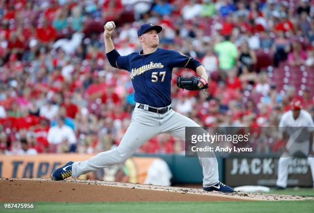 Chase Anderson of the Milwaukee Brewers throws a pitch against the Cincinnati Reds at Great American Ball Park on June 29, 2018 in Cincinnati, Ohio.