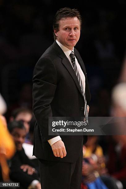 Head coach Scott Brooks of the Oklahoma City Thunder looks on during Game Five of the Western Conference Quarterfinals of the 2010 NBA Playoffs...