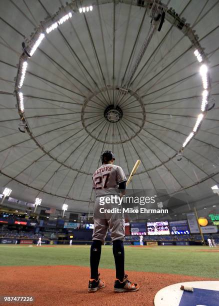 Jose Altuve of the Houston Astros looks on during a game against the Tampa Bay Rays at Tropicana Field on June 29, 2018 in St Petersburg, Florida.
