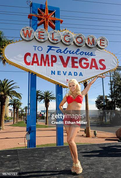 Model and television personality Holly Madison appears at the "Welcome to Fabulous Las Vegas" sign during the launch event for the "Camp Vegas"...