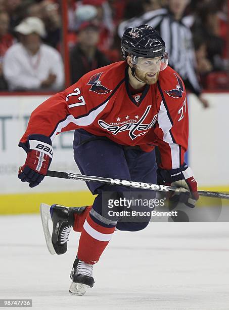 Karl Alzner of the Washington Capitals skates against the Montreal Canadiens in Game Seven of the Eastern Conference Quarterfinals during the 2010...
