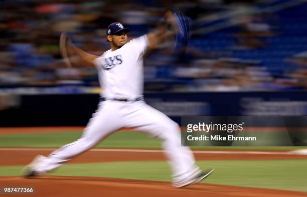 Wilmer Font of the Tampa Bay Rays pitches during a game against the Houston Astros at Tropicana Field on June 29, 2018 in St Petersburg, Florida.