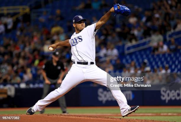 Wilmer Font of the Tampa Bay Rays pitches during a game against the Houston Astros at Tropicana Field on June 29, 2018 in St Petersburg, Florida.