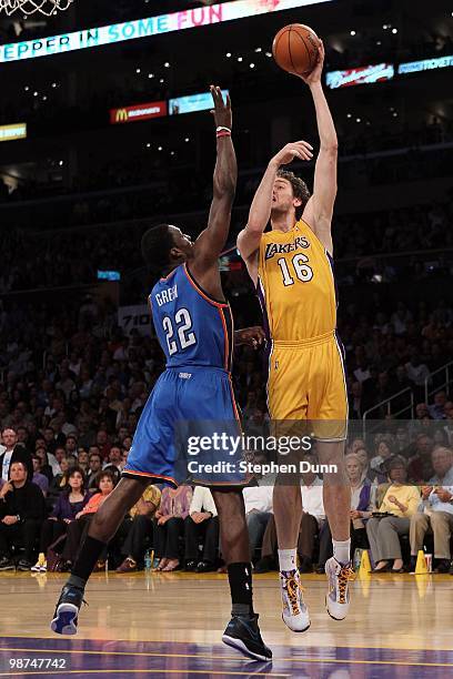Pau Gasol of the Los Angeles Lakers shoots over Jeff Green of the Oklahoma City Thunder during Game Five of the Western Conference Quarterfinals of...