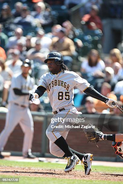 Lastings Milledge of the Pittsburgh Pirates hitting during the game against the San Francisco Giants at AT&T Park on April 14, 2010 in San Francisco,...