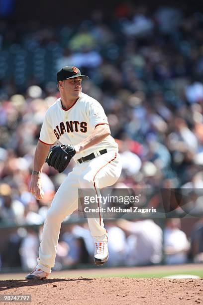 Brian Wilson of the San Francisco Giants pitching during the game against the Pittsburgh Pirates at AT&T Park on April 14, 2010 in San Francisco,...