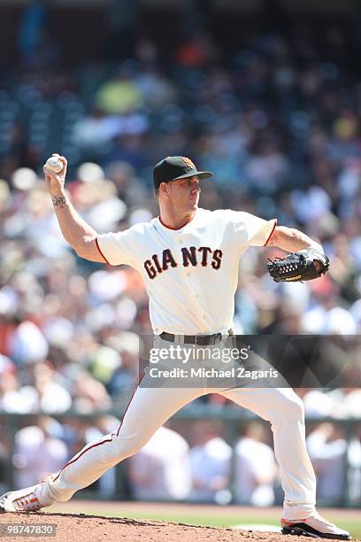 Brian Wilson of the San Francisco Giants pitching during the game against the Pittsburgh Pirates at AT&T Park on April 14, 2010 in San Francisco,...