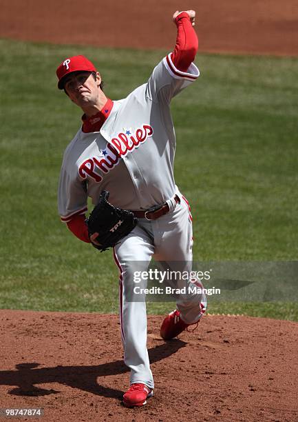 Cole Hamels of the Philadelphia Phillies pitches against the San Francisco Giants during the game at AT&T Park on April 28, 2010 in San Francisco,...