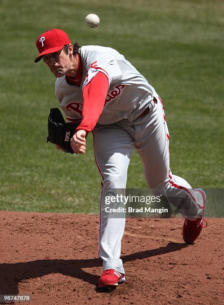 Cole Hamels of the Philadelphia Phillies pitches against the San Francisco Giants during the game at AT&T Park on April 28, 2010 in San Francisco,...