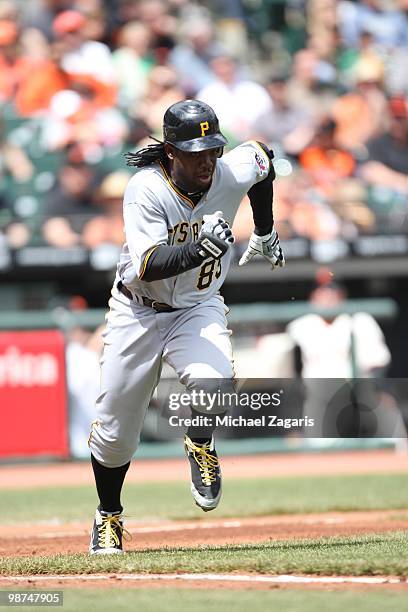 Lastings Milledge of the Pittsburgh Pirates running the base during the game against the San francisco Giants at AT&T Park on April 14, 2010 in San...