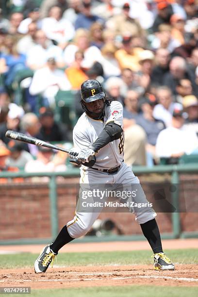 Lastings Milledge of the Pittsburgh Pirates hitting during the game against the San francisco Giants at AT&T Park on April 14, 2010 in San Francisco,...