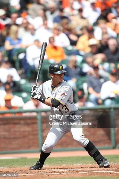 Ronny Cedeno of the Pittsburgh Pirates hitting during the game against the San francisco Giants at AT&T Park on April 14, 2010 in San Francisco,...