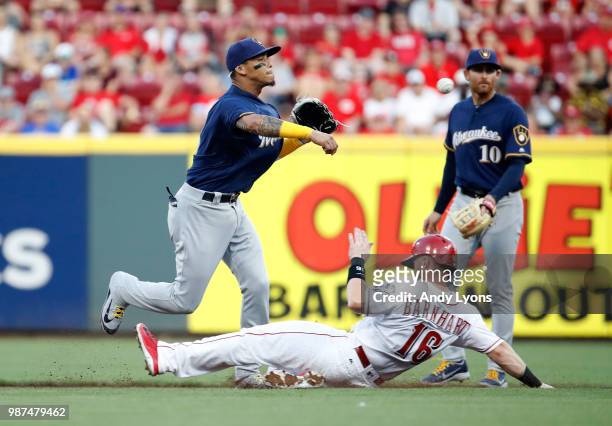 Orlando Arcia of the Milwaukee Brewers throws the ball to first base to complete a double play in the fourth inining against the Cincinnati Reds at...