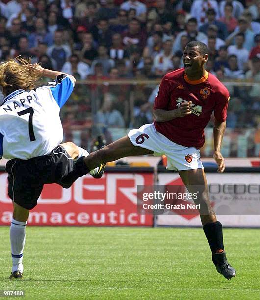 Nascimiento Aldair of Roma and Marco Nappi of Atalanta in action during the Serie A 30th Round League match between Roma and Atalanta played at the...