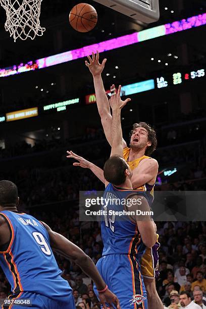 Pau Gasol of the Los Angeles Lakers shoots over Nenad Krstic of the Oklahoma City Thunder during Game Five of the Western Conference Quarterfinals of...