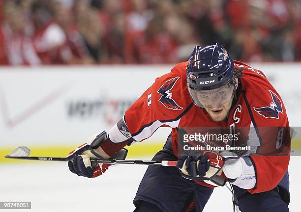 Alex Ovechkin of the Washington Capitals skates against the Montreal Canadiens in Game Seven of the Eastern Conference Quarterfinals during the 2010...