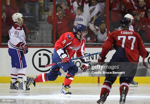 Alex Ovechkin of the Washington Capitals celebrates a goal which was later disallowed against the Montreal Canadiens in Game Seven of the Eastern...