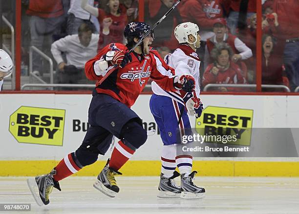 Alex Ovechkin of the Washington Capitals celebrates a goal which was later disallowed against the Montreal Canadiens in Game Seven of the Eastern...